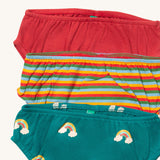 A close up of the Little Green Radicals turquoise rainbows underwear. Showing the trim detail and and a close up of each print and colour on organic cotton fabric.