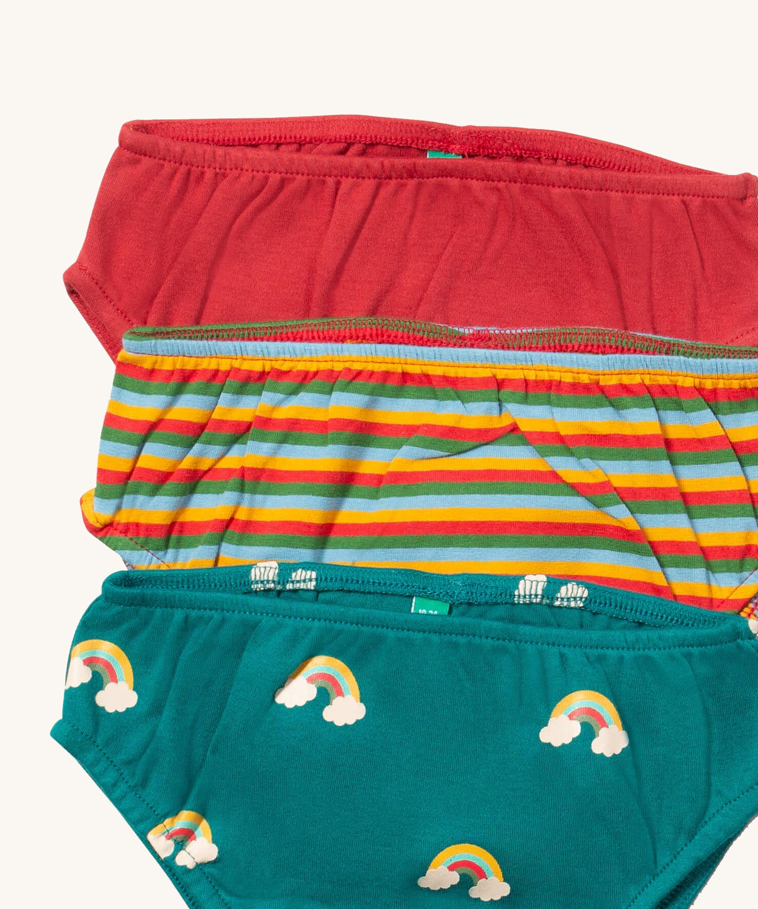 A close up of the Little Green Radicals turquoise rainbows underwear. Showing the trim detail and and a close up of each print and colour on organic cotton fabric.