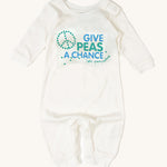 Little Green Radicals Give Peas A Chance Organic Cotton Babygrow on a cream background