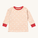 Little Green Radicals puddle ducks pyjama top. A GOTS organic cotton top in light pink with a red collar trim and cute duck prints. 