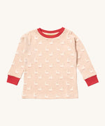 Little Green Radicals puddle ducks pyjama top. A GOTS organic cotton top in light pink with a red collar trim and cute duck prints. 