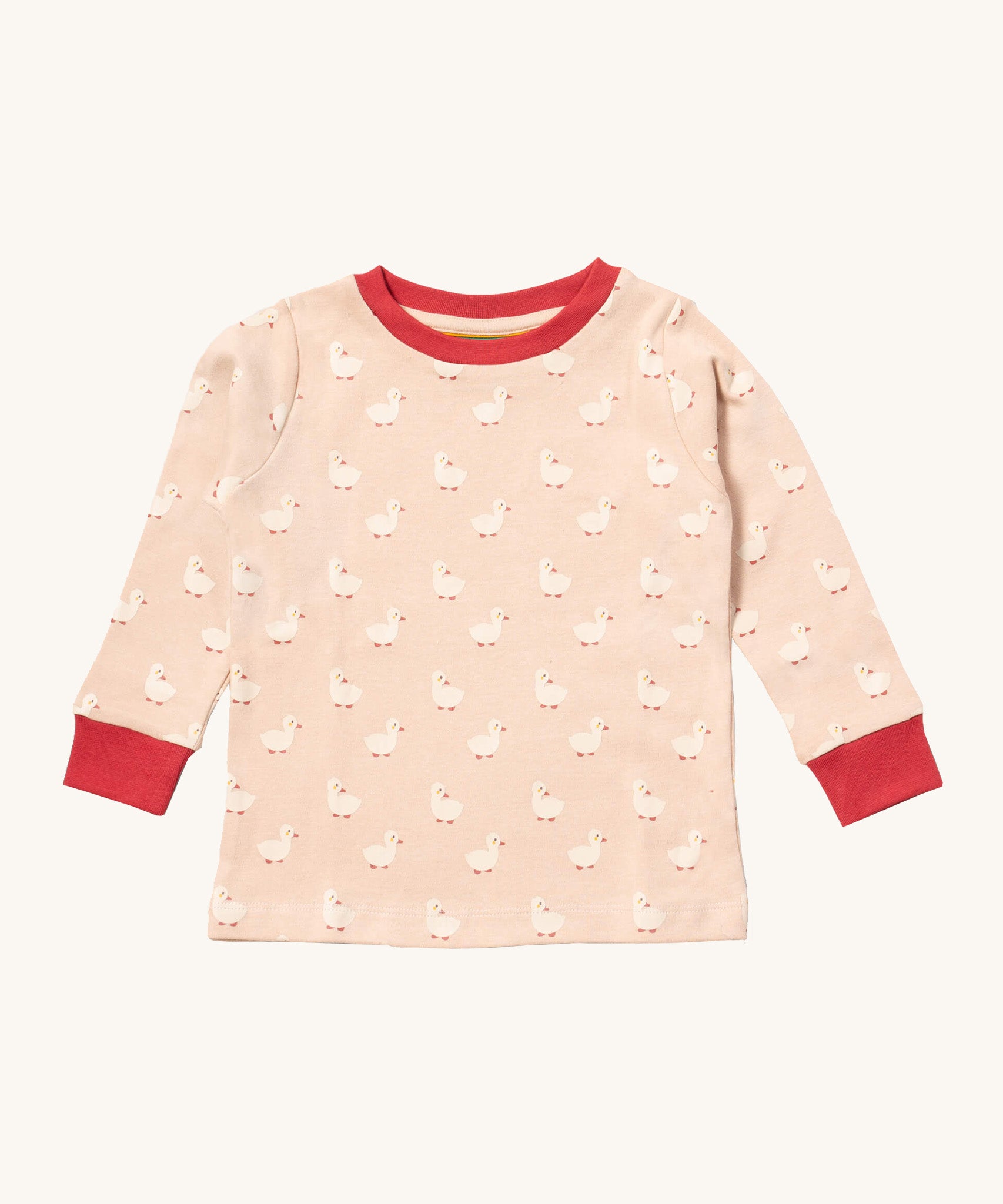 Little Green Radicals puddle ducks pyjama top. A GOTS organic cotton top in light pink with a red collar trim and cute duck prints. 