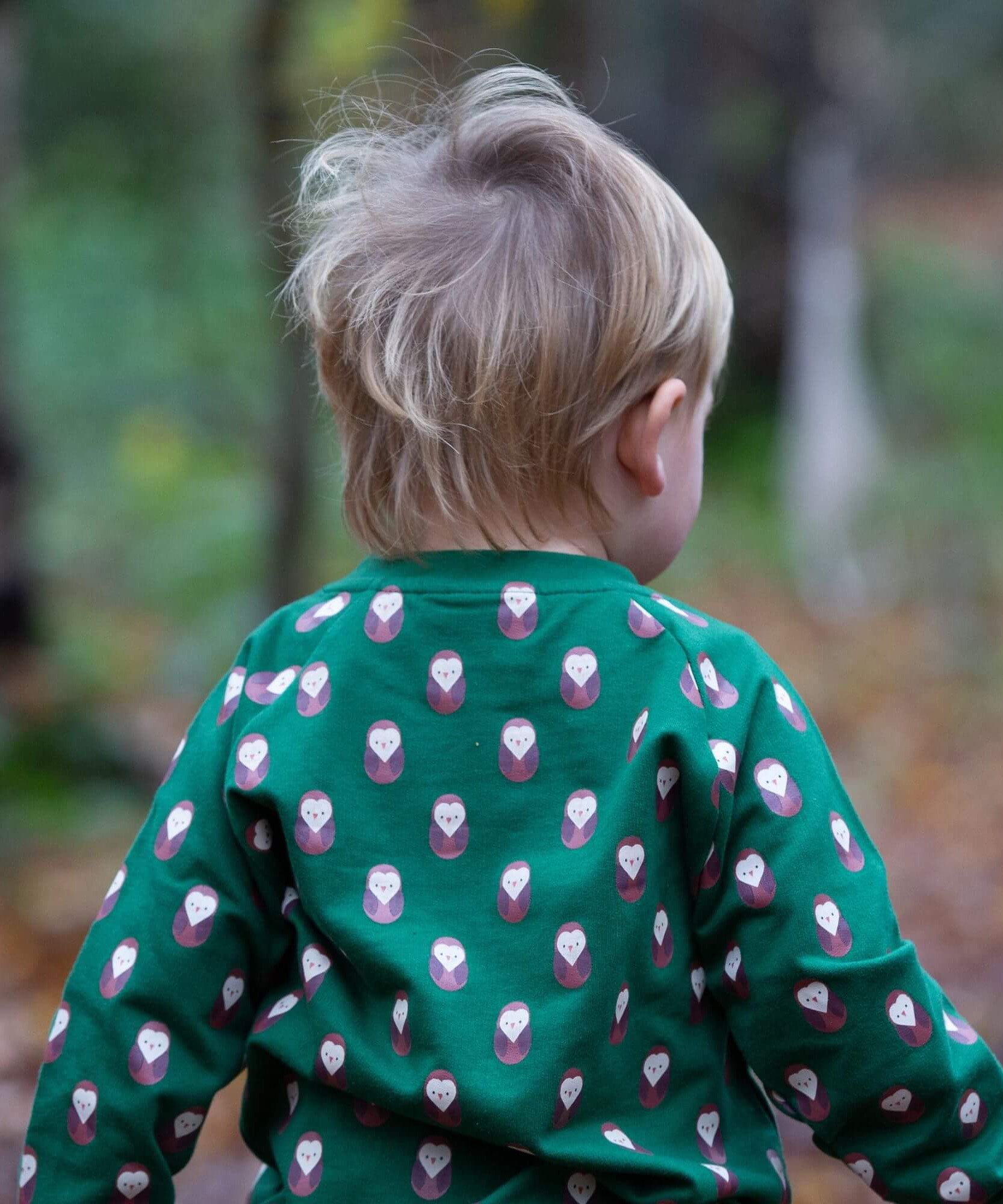 A child standing in woodland and wearing  the Little Green Radicals brown owl raglan sweatshirt that's available at Babipur. A soft knit long sleeve sweatshirt with cute brown on green organic cotton fabric.