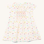 LGR children's organic cotton rainbow spots smock dress on a white background