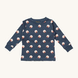 Little Green Radicals sleeping sheep pyjama top. A GOTS organic cotton top in navy with a matching collar trim and prints of cute white sheep