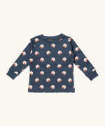 Little Green Radicals sleeping sheep pyjama top. A GOTS organic cotton top in navy with a matching collar trim and prints of cute white sheep