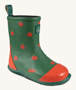 A single Little Green Radicals kid wellington boot. Showing the red apples printed all over the natural rubber. Features a red toe cap, gripped sole and pull-on tab for easy fitting