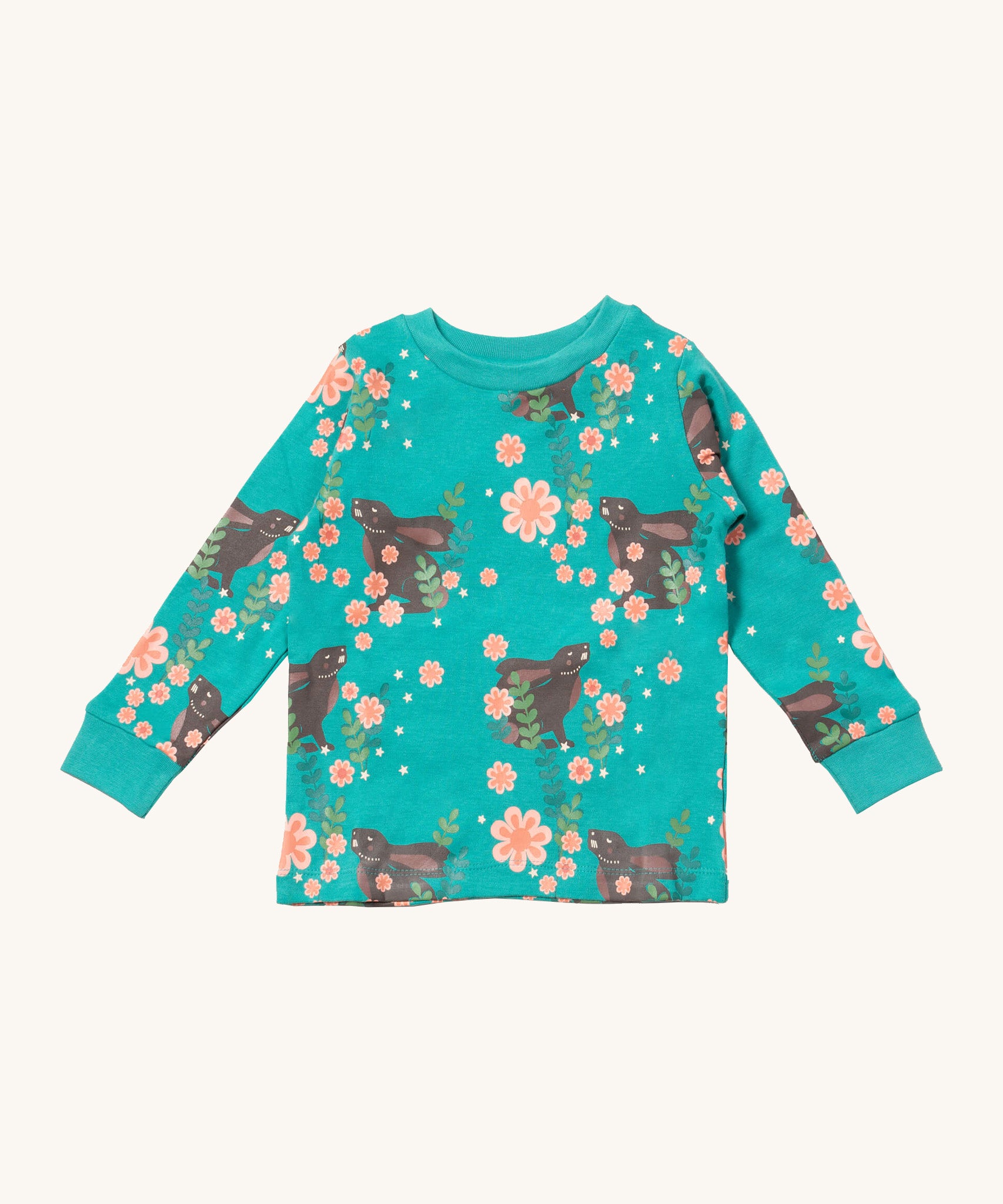 Little Green Radicals winter rabbit pyjama top. A GOTS organic cotton top in turquoise with a matching collar trim and prints of brown rabbits in pink flowers