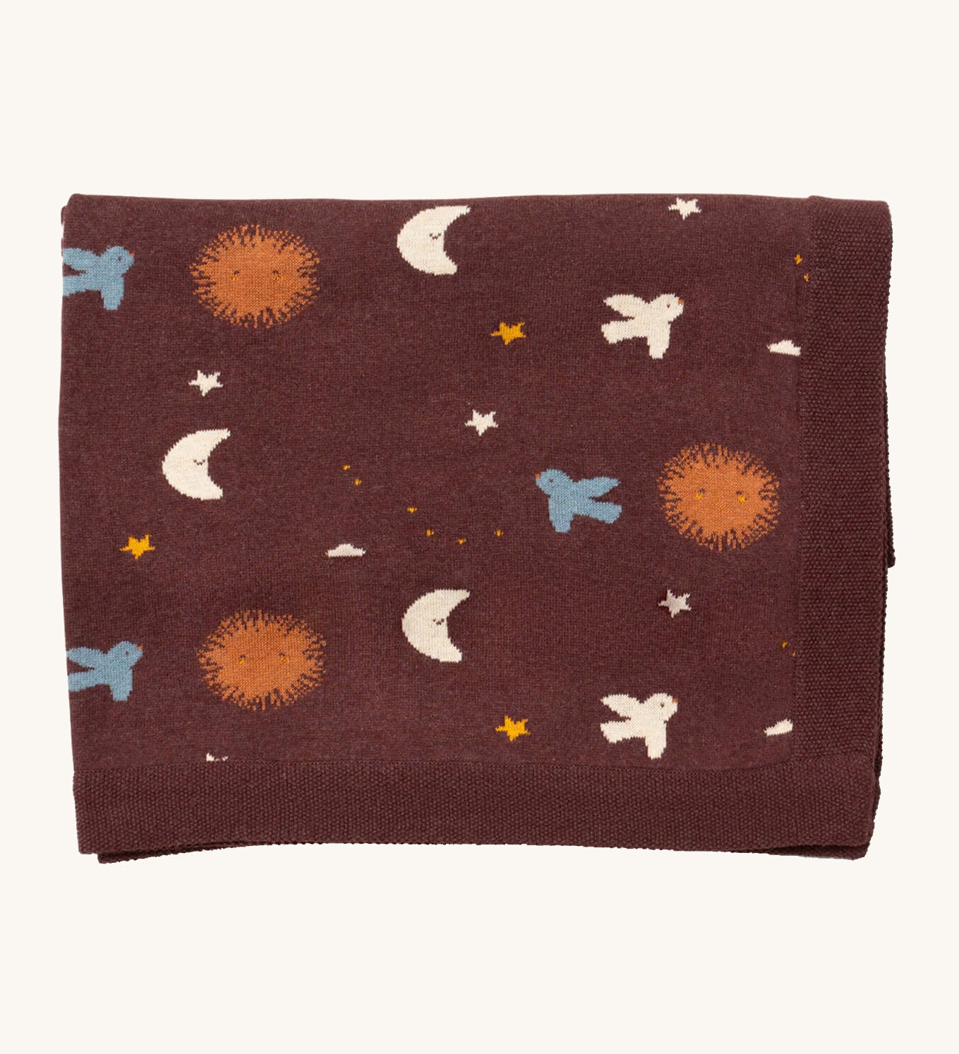 Little Green Radicals baby blanket in flying birds available at Babipur. A GOTS organic cotton blanket in brown with cute birds flying around the stars, the moon and the sun. Features a matching textured brown trim.