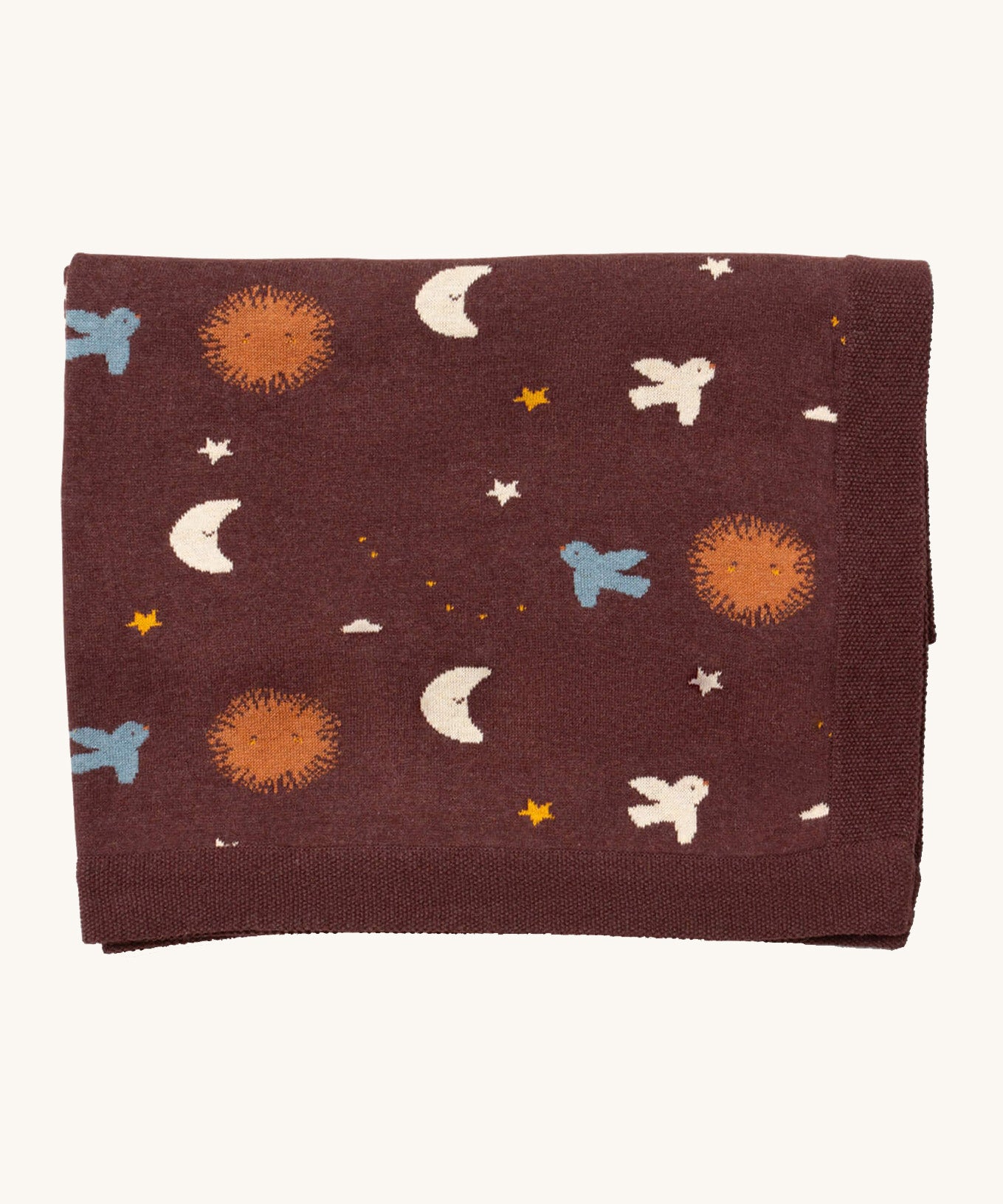 Little Green Radicals baby blanket in flying birds available at Babipur. A GOTS organic cotton blanket in brown with cute birds flying around the stars, the moon and the sun. Features a matching textured brown trim.