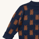 A close up of the Little Green Radicals navy teddy bears knitted jumper showing the collar and cuff detail on navy organic cotton fabric. 