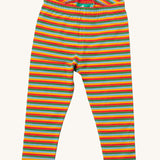 Little Green Radicals rainbow striped organic leggings. A soft GOTS organic cotton leggings in a autumn inspired rainbow stripe design. Features an elasticated waist band for a comfortable fit. 