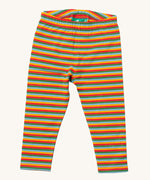 Little Green Radicals rainbow striped organic leggings. A soft GOTS organic cotton leggings in a autumn inspired rainbow stripe design. Features an elasticated waist band for a comfortable fit. 