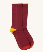 Little Green Radicals dark maroon block ankle socks from the golden leaves set available at Babipur. A GOTS organic cotton sock with yellow and red trim with brand name on the sole.
