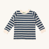 Little Green Radicals midnight blue striped long sleeve top available at Babipur. A GOTS organic cotton top with long sleeves with bold navy and white stripes with white collar and cuffs.