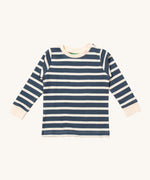 Little Green Radicals midnight blue striped long sleeve top available at Babipur. A GOTS organic cotton top with long sleeves with bold navy and white stripes with white collar and cuffs.