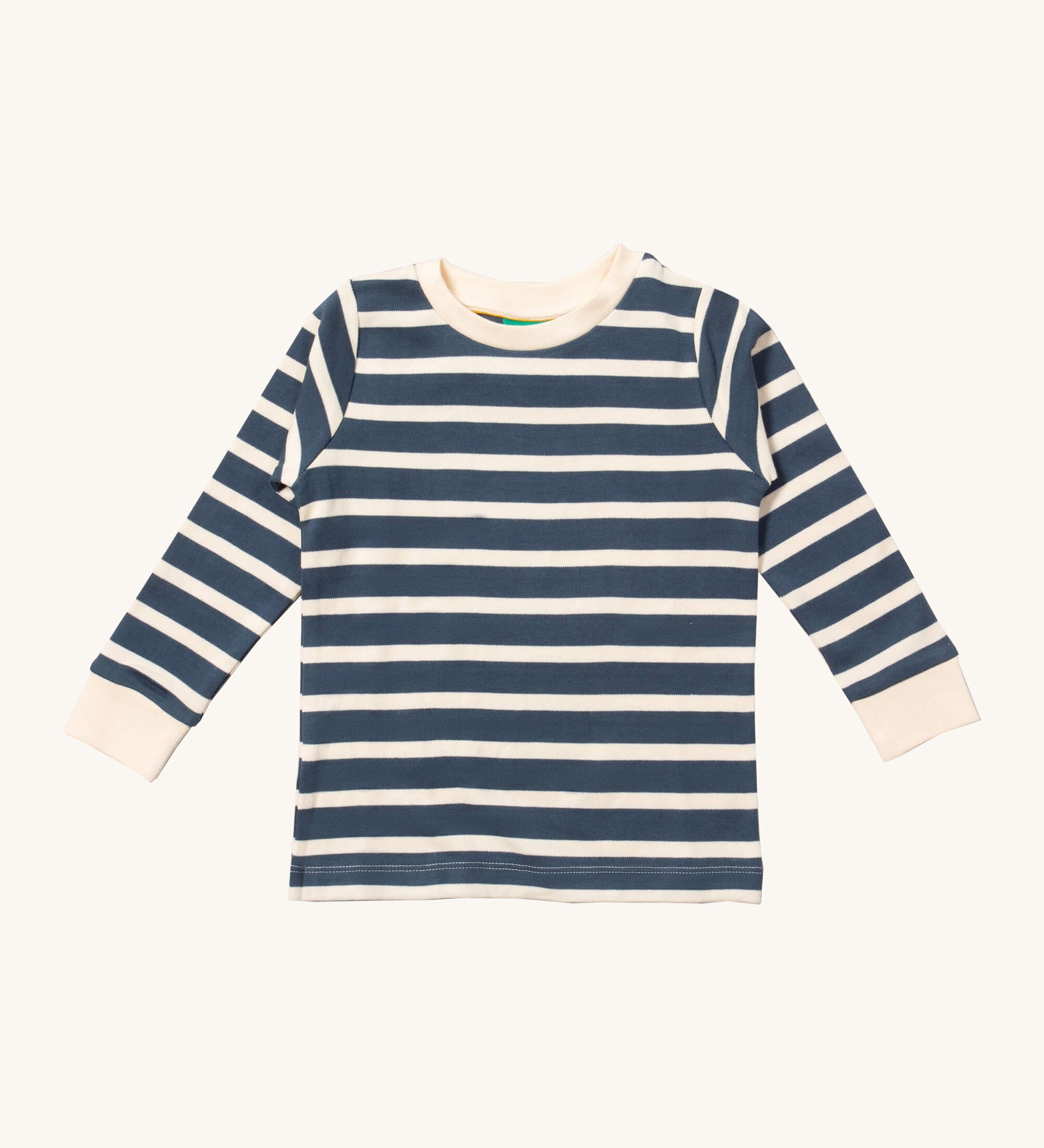 Little Green Radicals midnight blue striped long sleeve top available at Babipur. A GOTS organic cotton top with long sleeves with bold navy and white stripes with white collar and cuffs.
