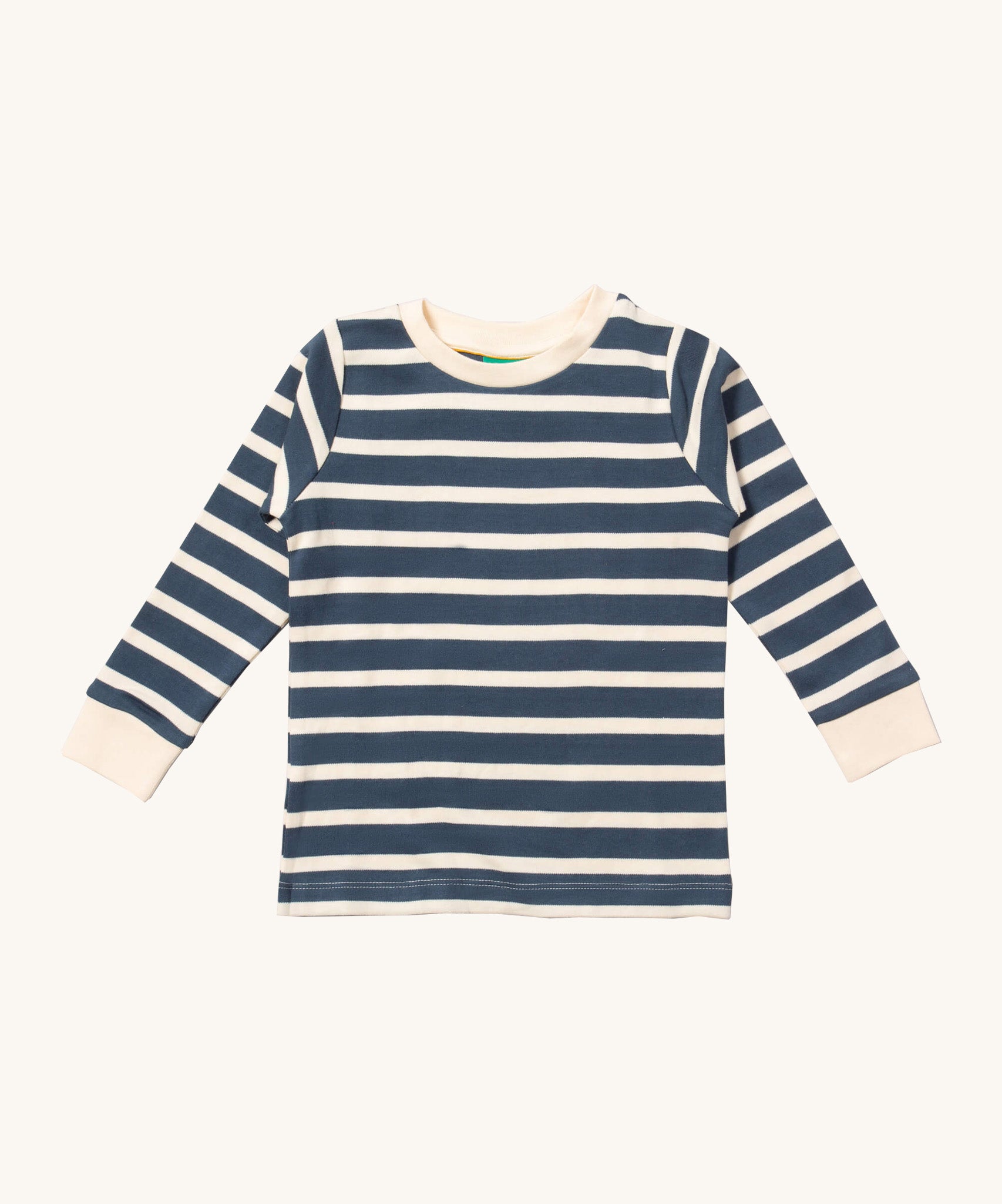 Little Green Radicals midnight blue striped long sleeve top available at Babipur. A GOTS organic cotton top with long sleeves with bold navy and white stripes with white collar and cuffs.