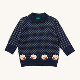 Little Green Radicals navy snuggle knitted jumper with a cute sheep design available at Babipur. A GOTS organic cotton jumper with a thick collar and cuffs. 