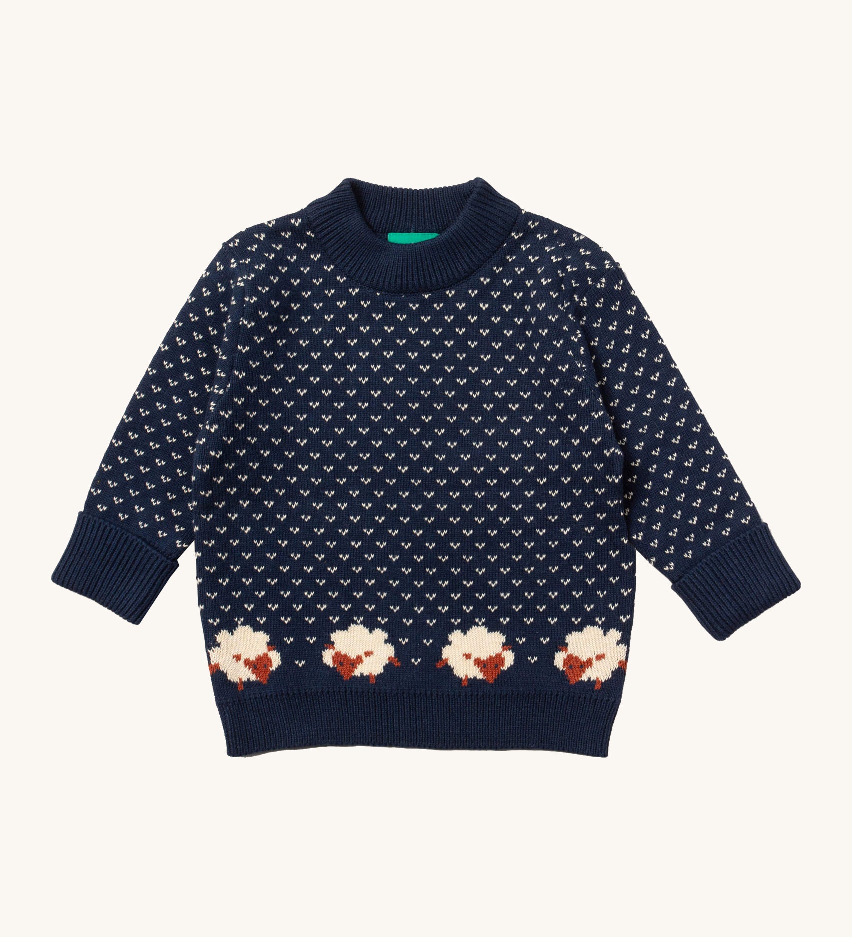 Little Green Radicals navy snuggle knitted jumper with a cute sheep design available at Babipur. A GOTS organic cotton jumper with a thick collar and cuffs. 