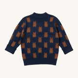 Little Green Radicals navy teddy bears knitted jumper available at Babipur. A GOTS organic cotton soft knit jumper in navy with cute brown bears. Features a thick collar and cuffs for warmth