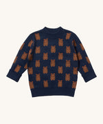 Little Green Radicals navy teddy bears knitted jumper available at Babipur. A GOTS organic cotton soft knit jumper in navy with cute brown bears. Features a thick collar and cuffs for warmth