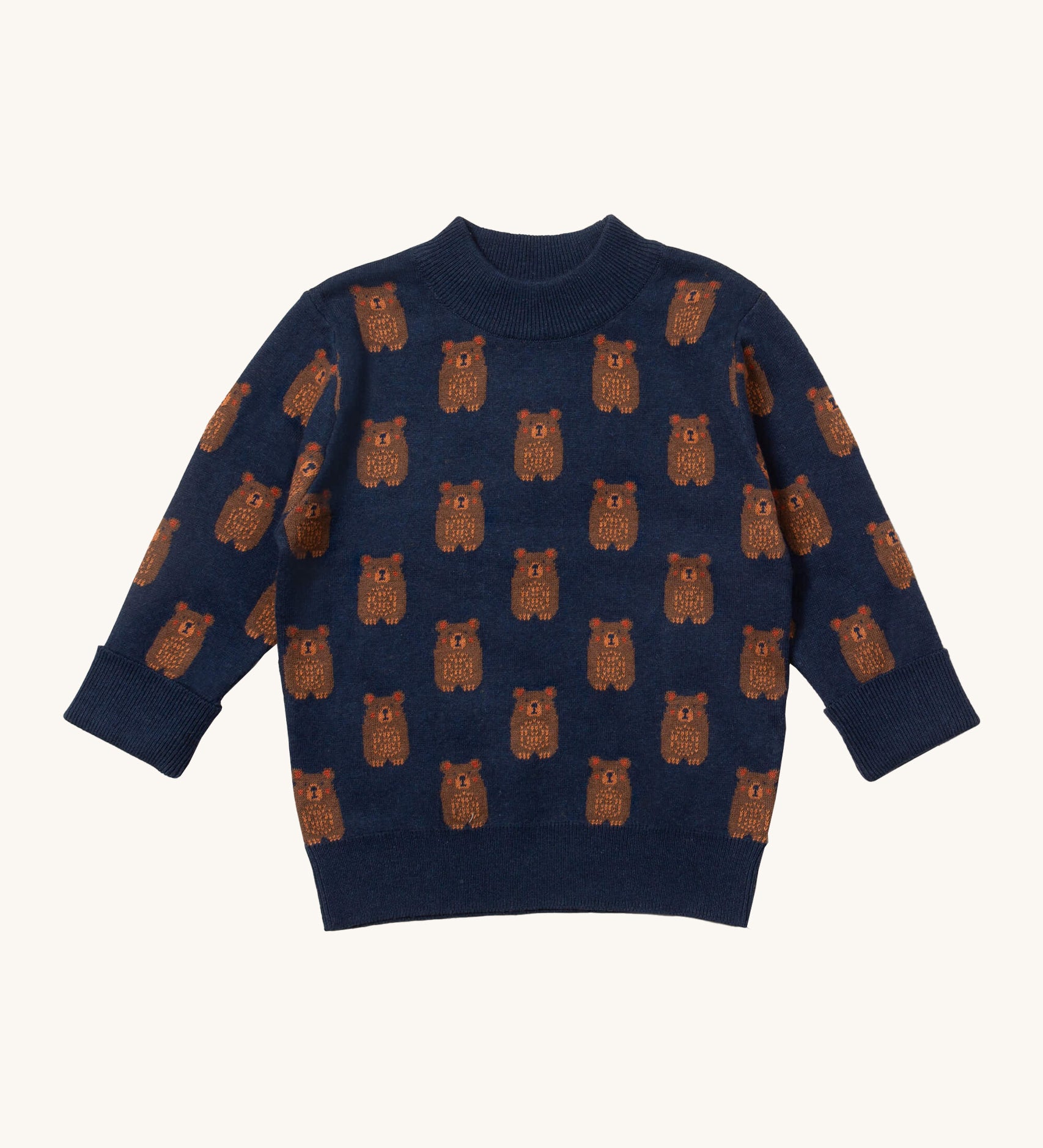 Little Green Radicals navy teddy bears knitted jumper available at Babipur. A GOTS organic cotton soft knit jumper in navy with cute brown bears. Features a thick collar and cuffs for warmth