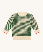 Little Green Radicals snuggly knitted jumper in olive stripe available at Babipur. A thick warm knitted jumper from GOTS organic cotton fabric in green and cream stripe with a cream collar, cuff and hem trim. 