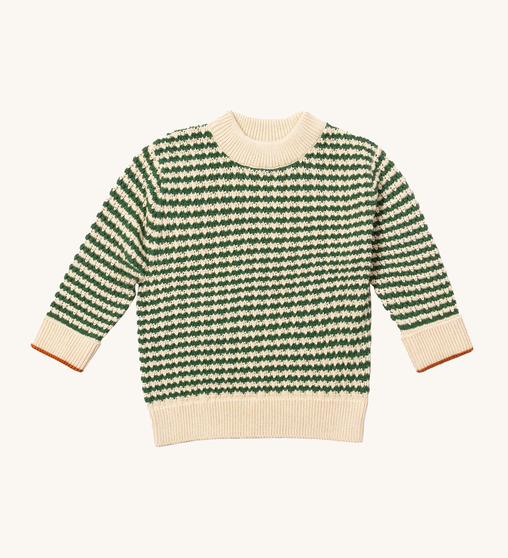Little Green Radicals snuggly knitted jumper in olive stripe available at Babipur. A thick warm knitted jumper from GOTS organic cotton fabric in green and cream stripe with a cream collar, cuff and hem trim. 
