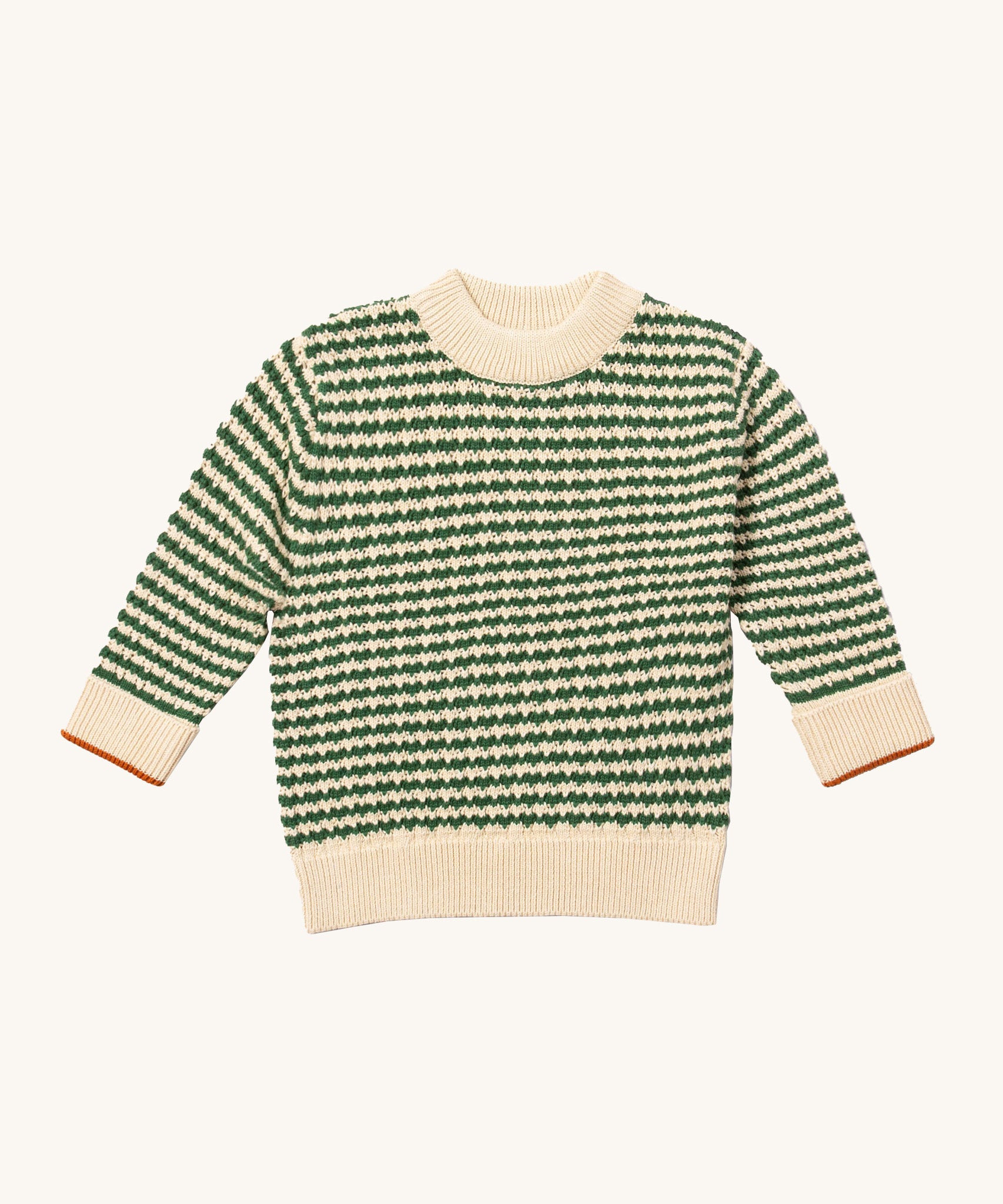 Little Green Radicals snuggly knitted jumper in olive stripe available at Babipur. A thick warm knitted jumper from GOTS organic cotton fabric in green and cream stripe with a cream collar, cuff and hem trim. 