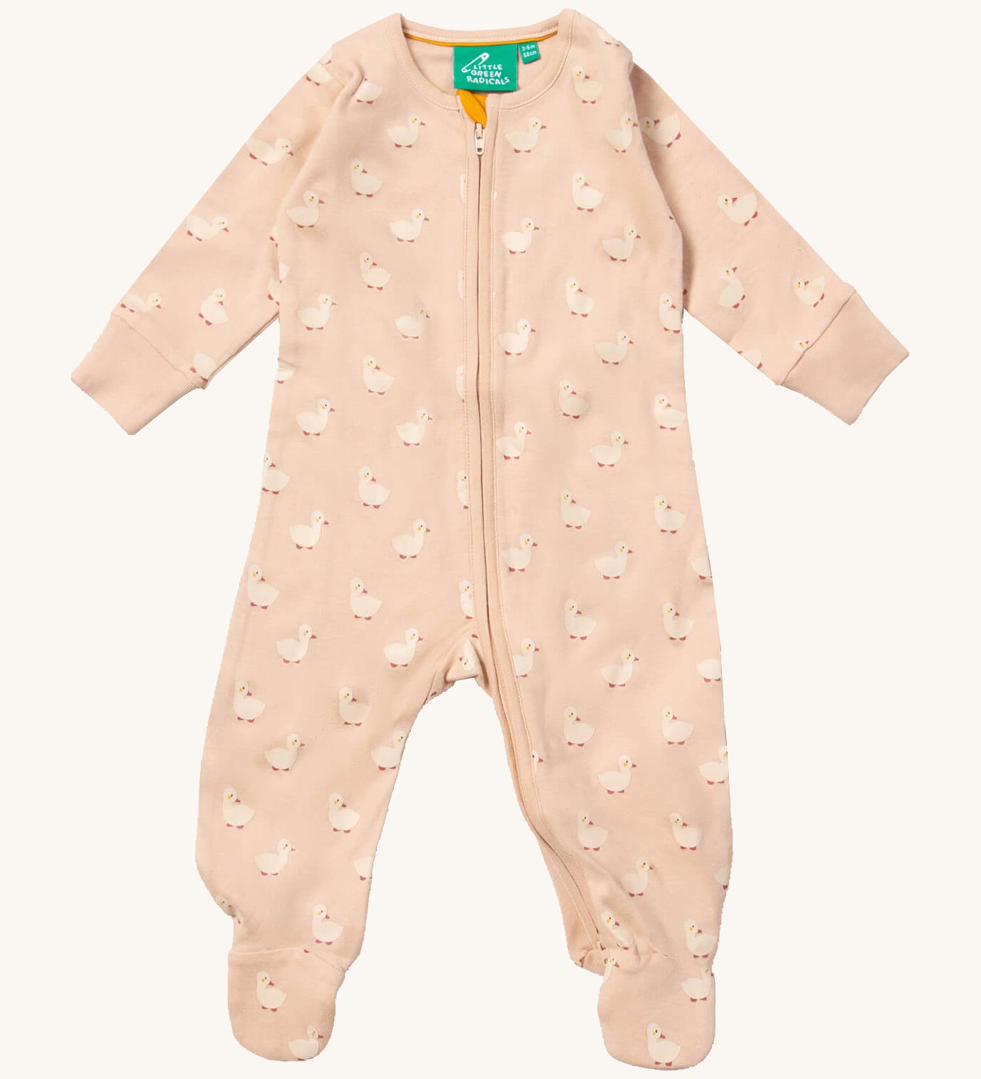 Little Green Radicals organic babygrow in puddle ducks available at Babipur. A soft GOTS organic cotton all in one in light pink with a full length zip