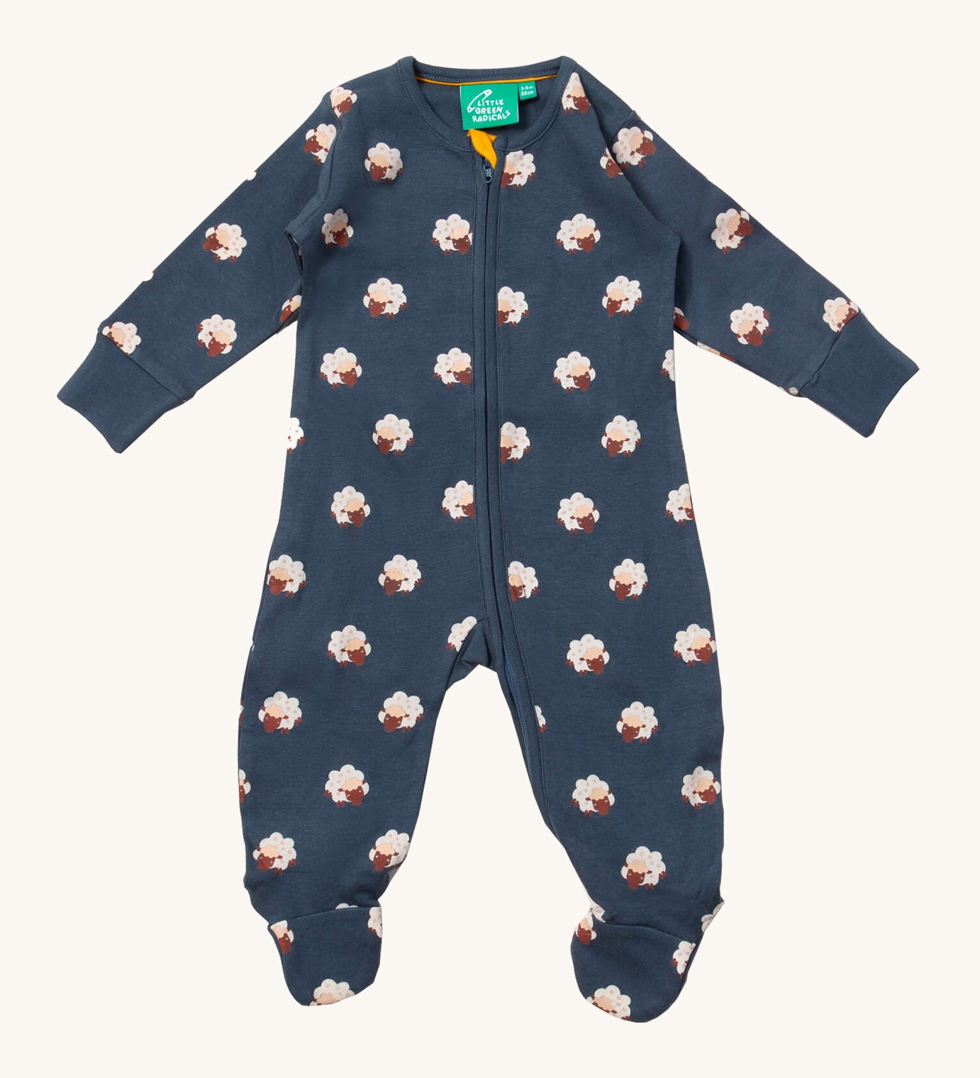 Little Green Radicals organic babygrow in navy with cute prints of sheep available at Babipur. A GOTS organic cotton all in one with a full length zip down the middle and around the crotch