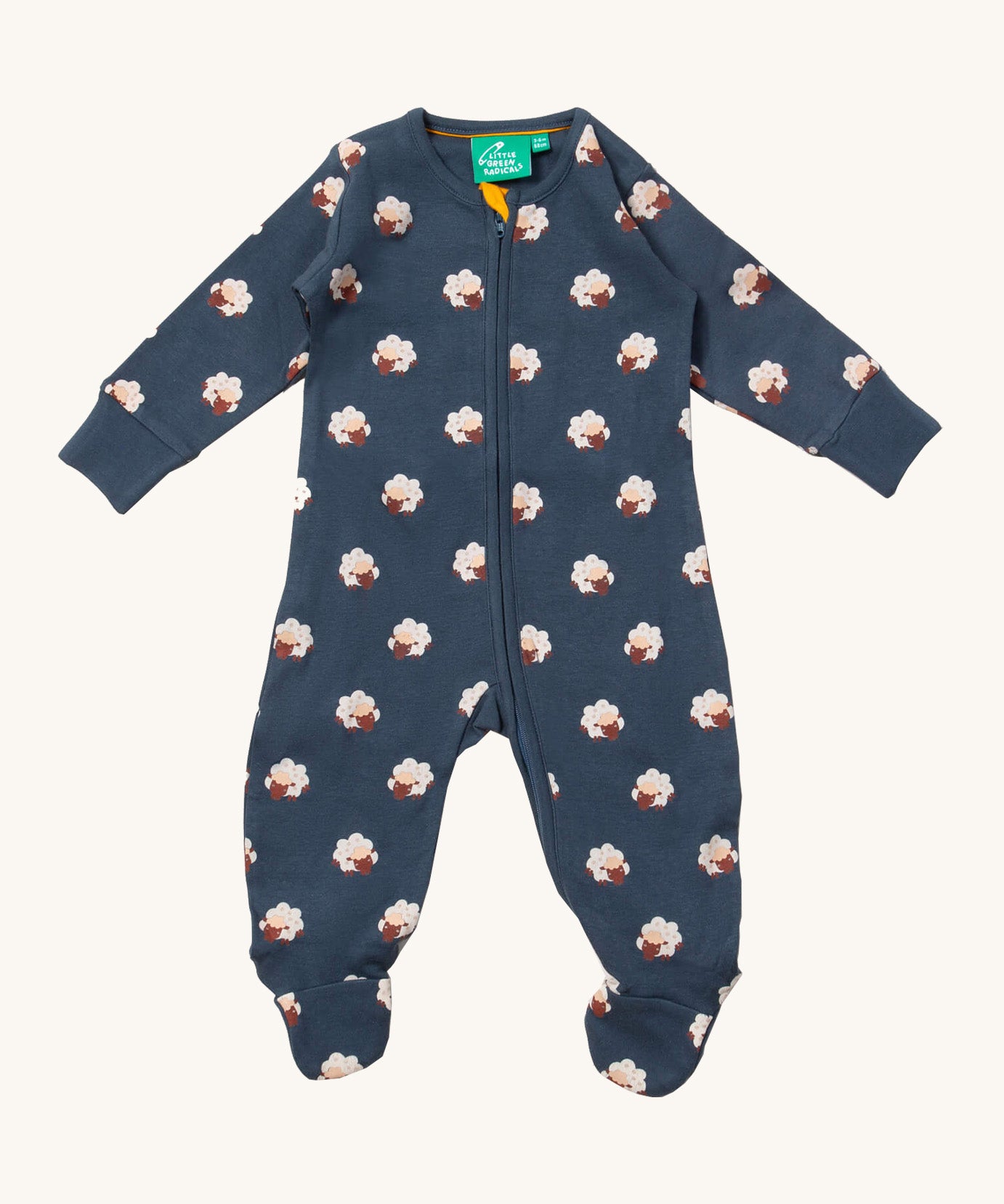 Little Green Radicals organic babygrow in navy with cute prints of sheep available at Babipur. A GOTS organic cotton all in one with a full length zip down the middle and around the crotch