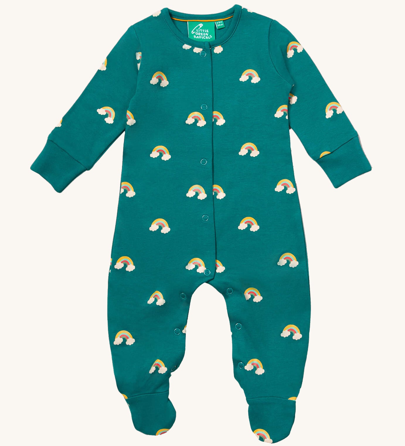 Little Green Radicals organic babygrow in turquoise with little rainbow prints available at Babipur. A GOTS organic cotton all in one with popper fasteners down the middle and around the crotch