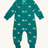 Little Green Radicals organic babygrow in turquoise with little rainbow prints available at Babipur. A GOTS organic cotton all in one with popper fasteners down the middle and around the crotch