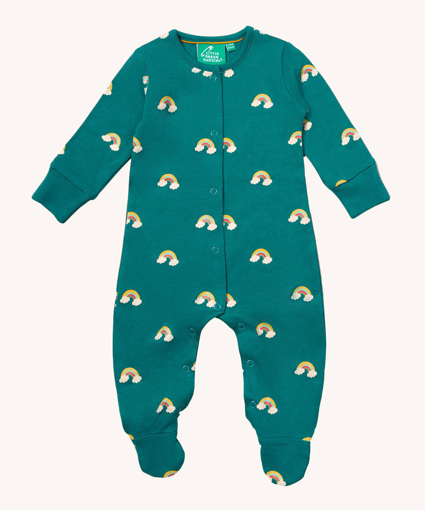 Little Green Radicals organic babygrow in turquoise with little rainbow prints available at Babipur. A GOTS organic cotton all in one with popper fasteners down the middle and around the crotch