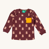 Little Green Radicals brown bear t-shirt. A GOTS organic cotton top with long sleeves in dark maroon with prints of brown bears and a yellow chest pocket.
