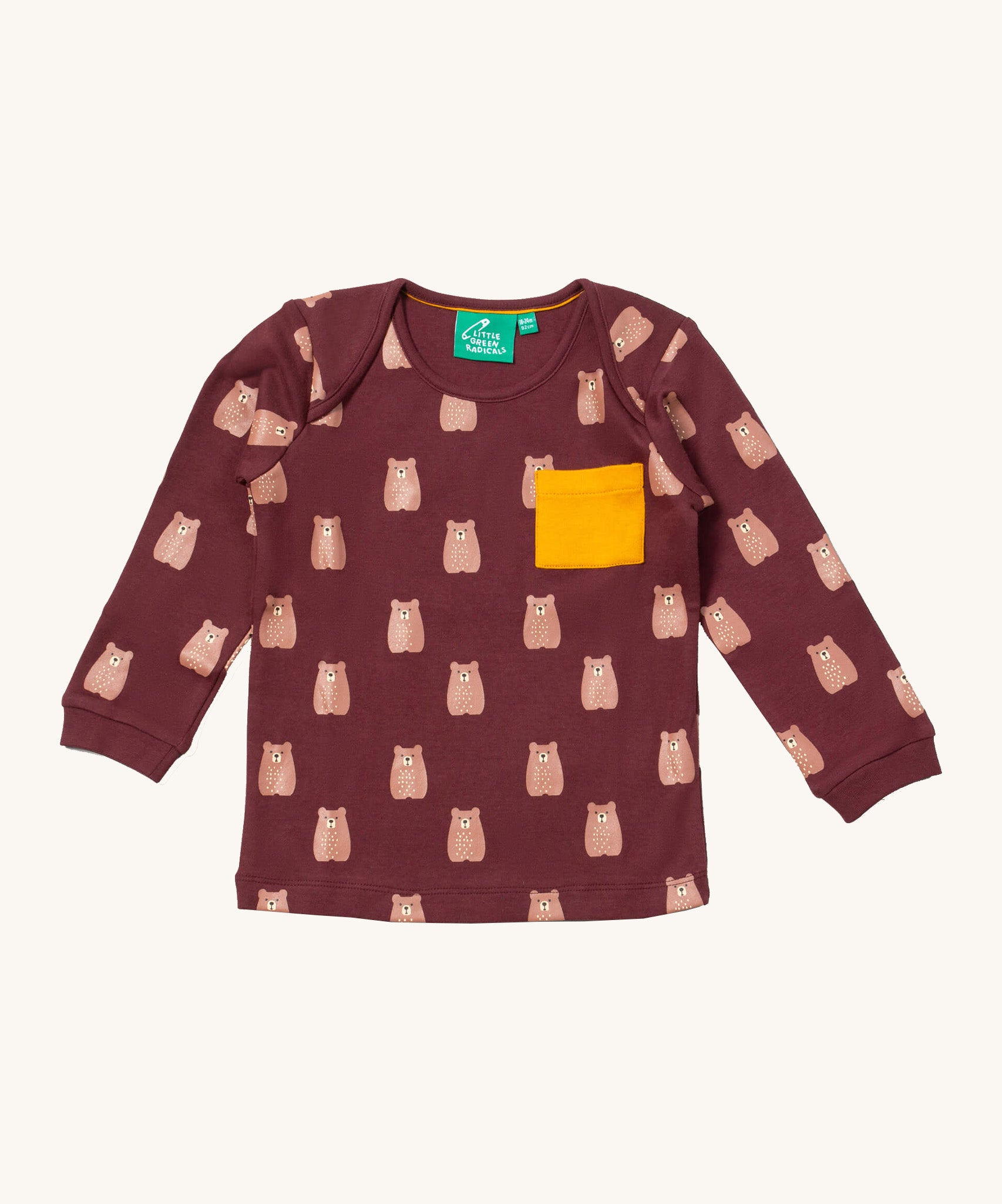 Little Green Radicals brown bear t-shirt. A GOTS organic cotton top with long sleeves in dark maroon with prints of brown bears and a yellow chest pocket.