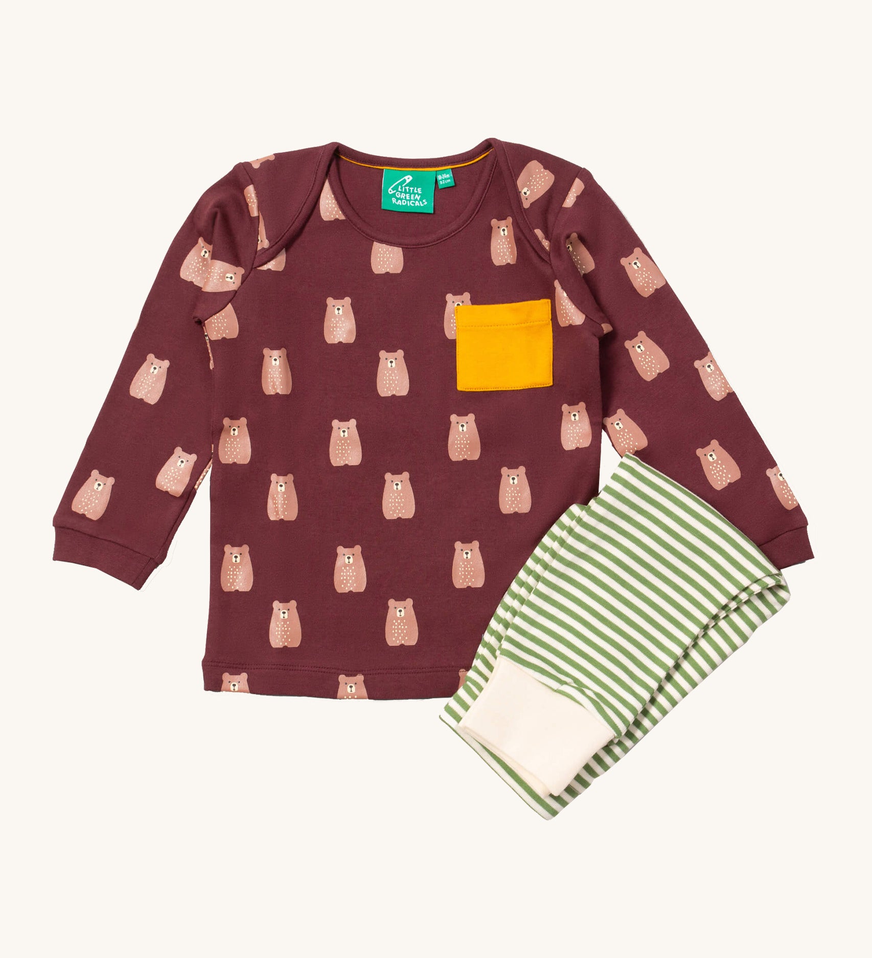 Little Green Radicals brown bear playset available at Babipur. Features a GOTS organic cotton long sleeve t-shirt in dark maroon with prints of cute teddy bears with a yellow chest pocket and a striped jogger in light green and cream.