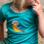  a beautiful green t-shirt with a sleepy bird applique which has a yellow belly