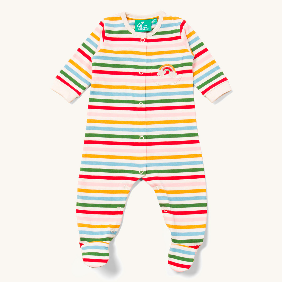 Rainbow Striped Organic Babygrow pictured on a plain white background
