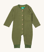 Little Green Radicals green chive waffle playsuit available at Babipur. A GOTS organic cotton all in one in a waffle knit style. Features button fasteners on the front and poppers around the crotch with a small pouch chest pocket