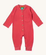 Little Green Radicals holly pink berry waffle playsuit available at Babipur. A GOTS organic cotton all in one in a waffle style. Features button fasteners on the front and poppers around the crotch with a small pouch chest pocket