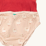 A close up of the Little Green Radicals puddle ducks underwear. Showing the trim detail and and a close up of the cute duck print on organic cotton fabric