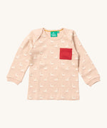 A close up of the Little Green Radicals puddle ducks sleeve t-shirt. Showing the elasticated cuff detail and red pouch pocket detail on peach organic cotton fabric