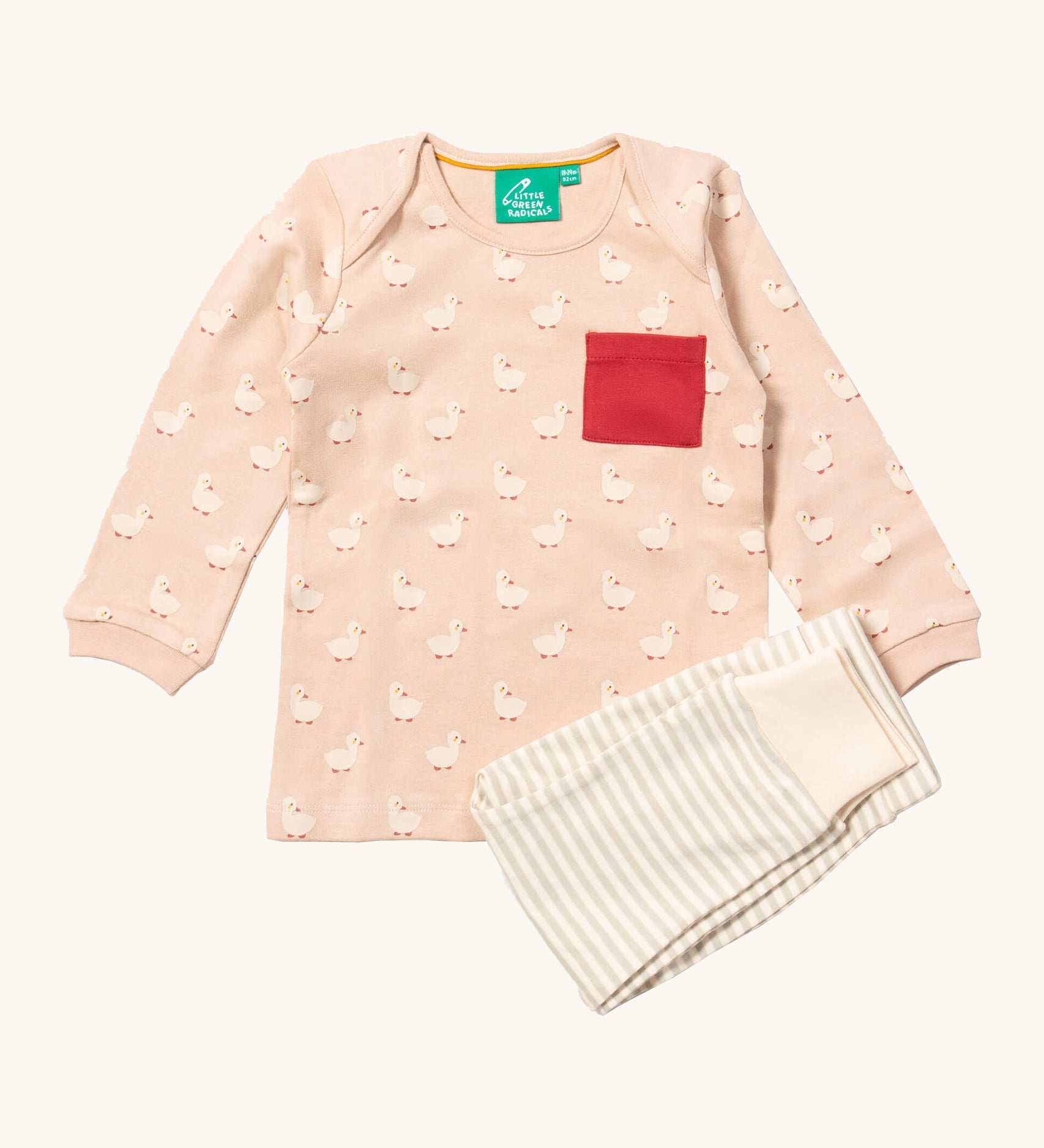 Little Green Radicals puddle ducks playset available at Babipur. Features a GOTS organic cotton long sleeve t-shirt in peach with prints of cute ducks with a red chest pocket and a striped jogger in light grey and cream.