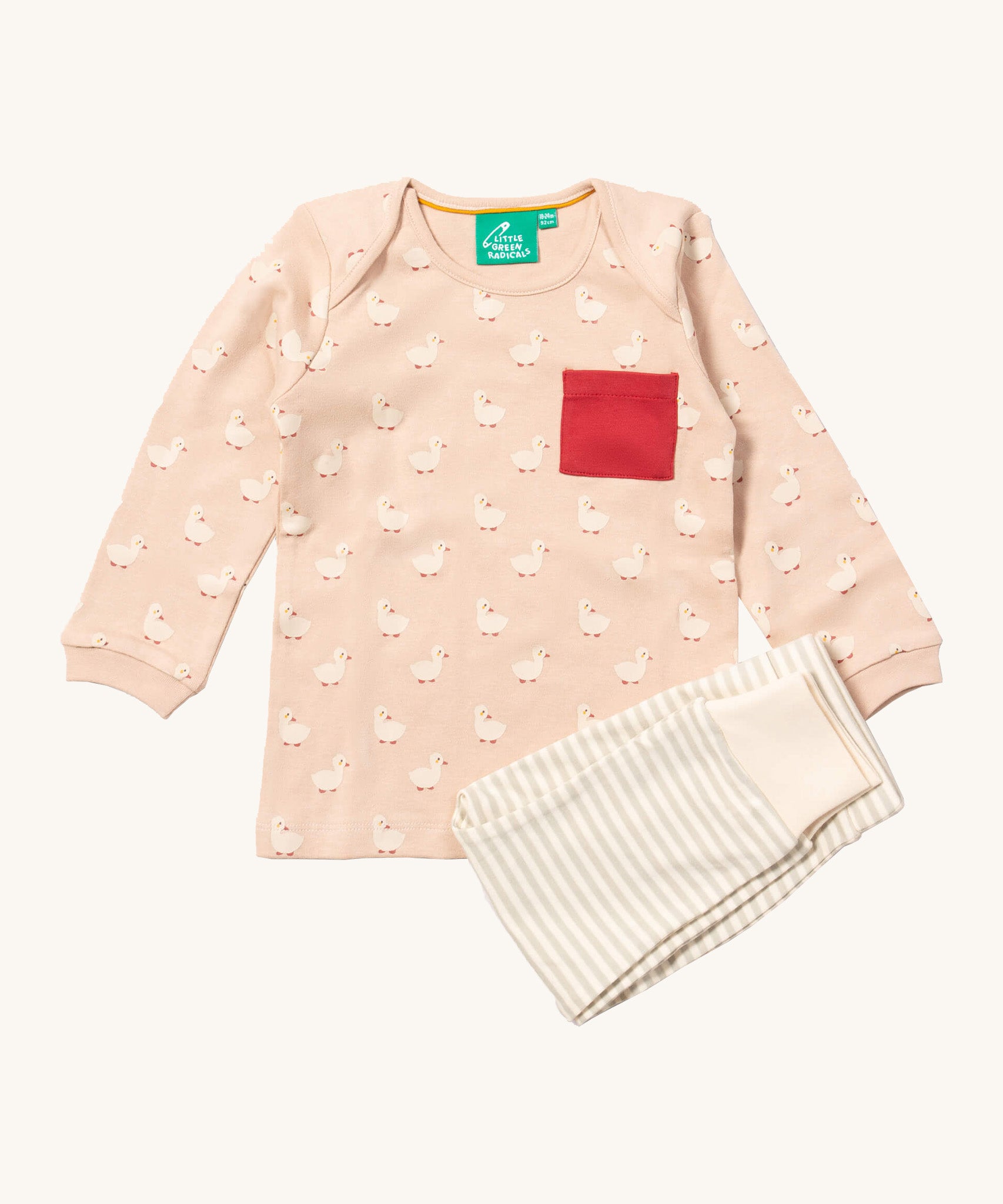 Little Green Radicals puddle ducks playset available at Babipur. Features a GOTS organic cotton long sleeve t-shirt in peach with prints of cute ducks with a red chest pocket and a striped jogger in light grey and cream.