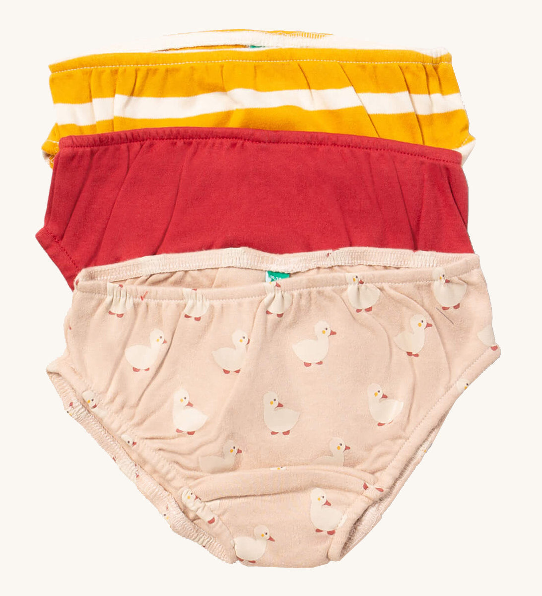 Little Green Radicals puddle ducks underwear available at Babipur. A GOTS organic cotton underwear multipack, features a yellow and white stripe, a red coloured and peach coloured underwear with a duck print.