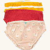 Little Green Radicals puddle ducks underwear available at Babipur. A GOTS organic cotton underwear multipack, features a yellow and white stripe, a red coloured and peach coloured underwear with a duck print.