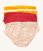 Little Green Radicals puddle ducks underwear available at Babipur. A GOTS organic cotton underwear multipack, features a yellow and white stripe, a red coloured and peach coloured underwear with a duck print.